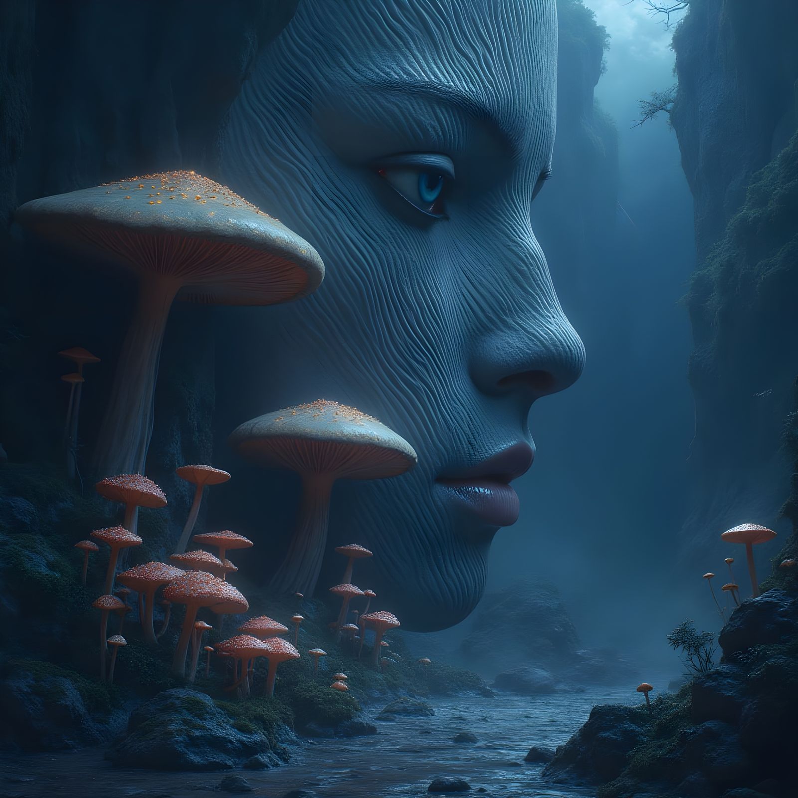 Ancient Cliff Carved with Water, Lit by Bioluminescent Mushr...