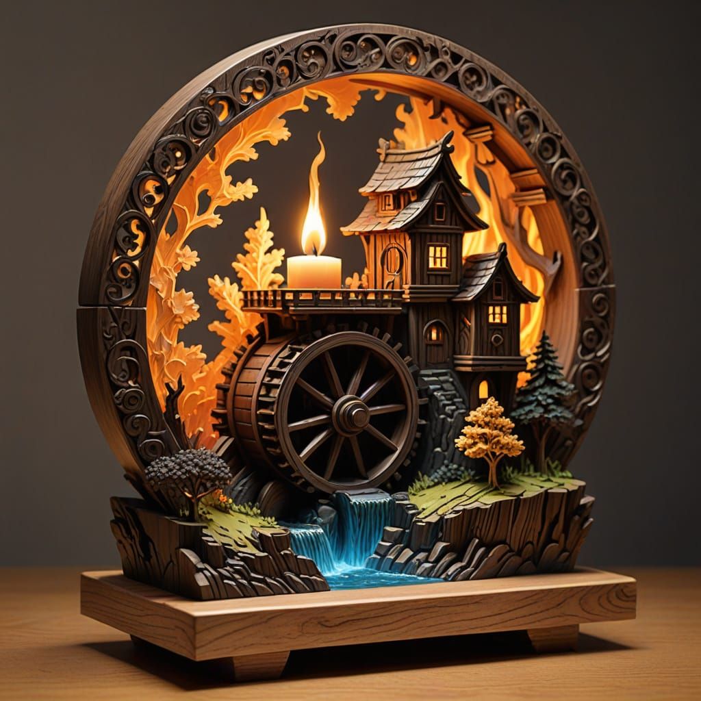 A skillfully carved composition of light wood rises on a wooden stand made of dark, polished wood. It ...  by @Zacharo