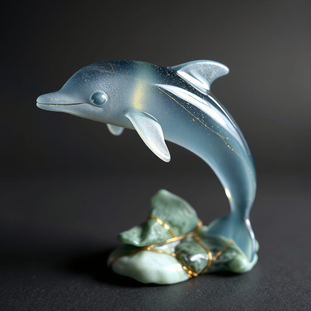 A dolphin sculpted of sea-glass, smooth rounded corners, imbued with tiny lines of gold, high contrast, brilliant fine artwork, sculpture