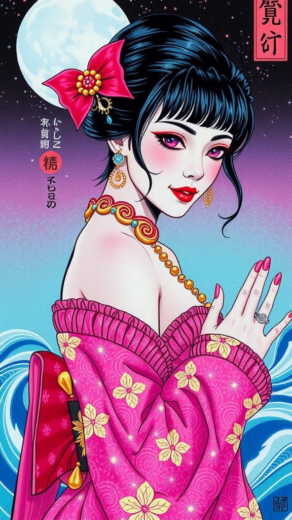 Holographic Punk Rock Girl in Ukiyo-e Style