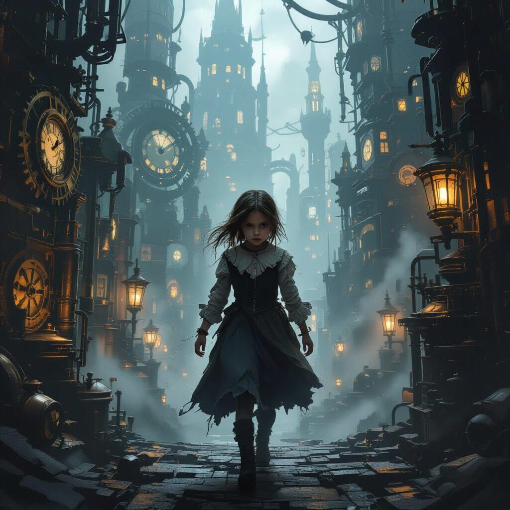 A young girl with a determined expression, dressed in tattered Victorian-era clothing, navigates a labyrinthine clockwork city. Intricate ge...