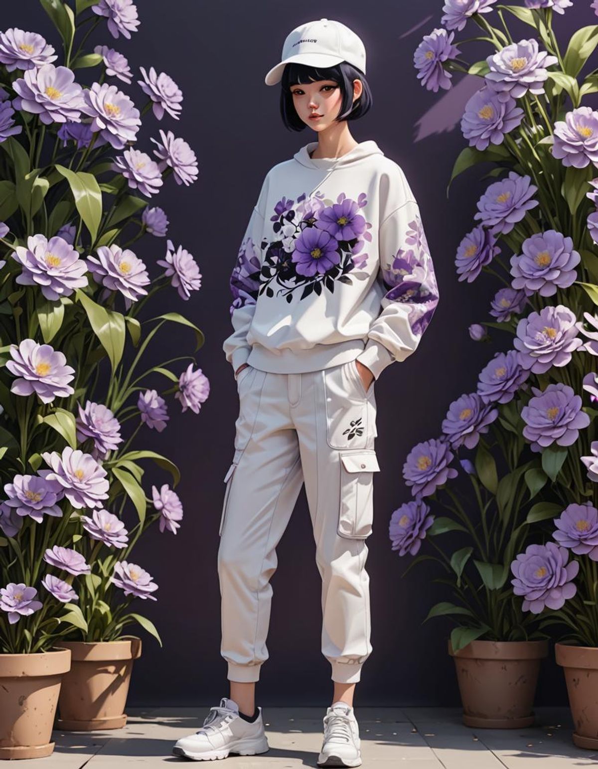 model with black pixie cut hair in a white and purple floral sweatshirt ...