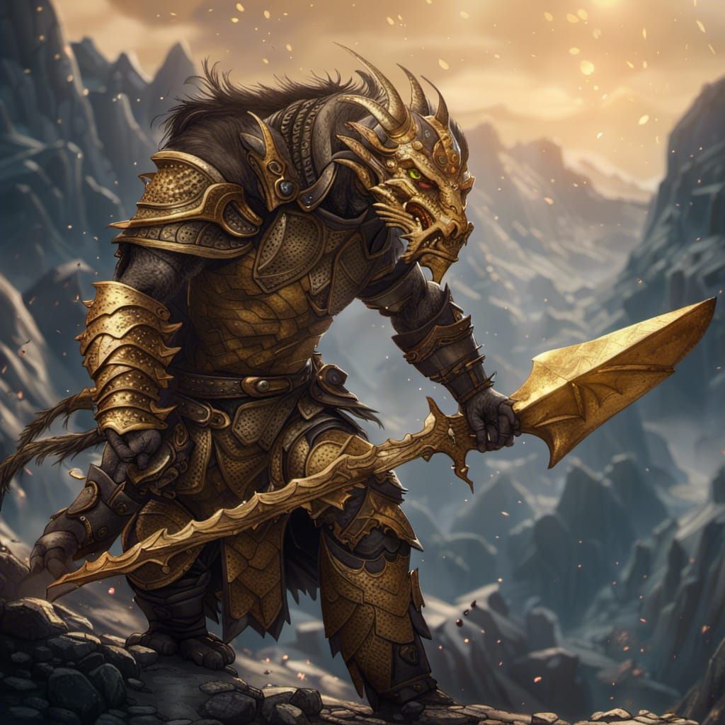 a dragonborn barbarian with golden scales on a mountain D&D - AI ...