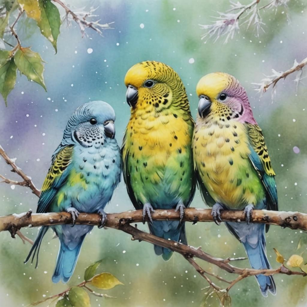 Budgerigas on the  branch  by @Citrus Gardenia