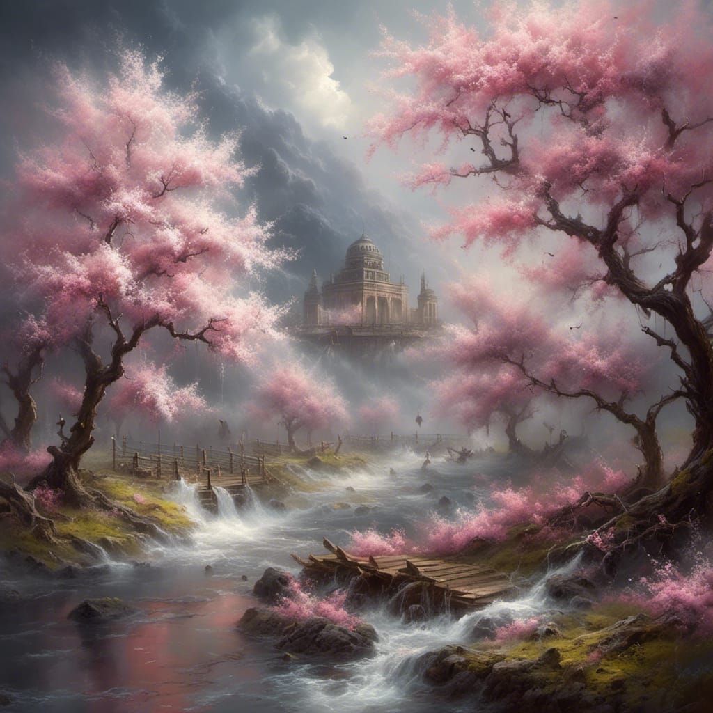 <lora:Colored Smoke:1.0>cherry blossom storm