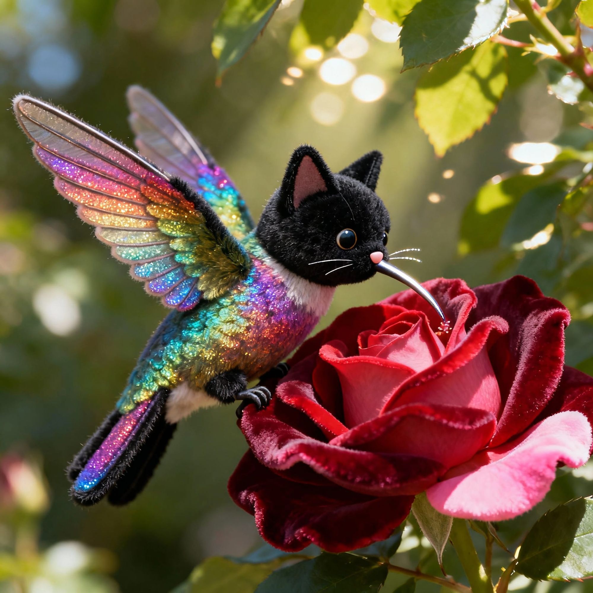 Make the cats face and beak more connected and looking like a hummingbird beak. Instead of the rainbow body give it an iridescent, rainbow s...