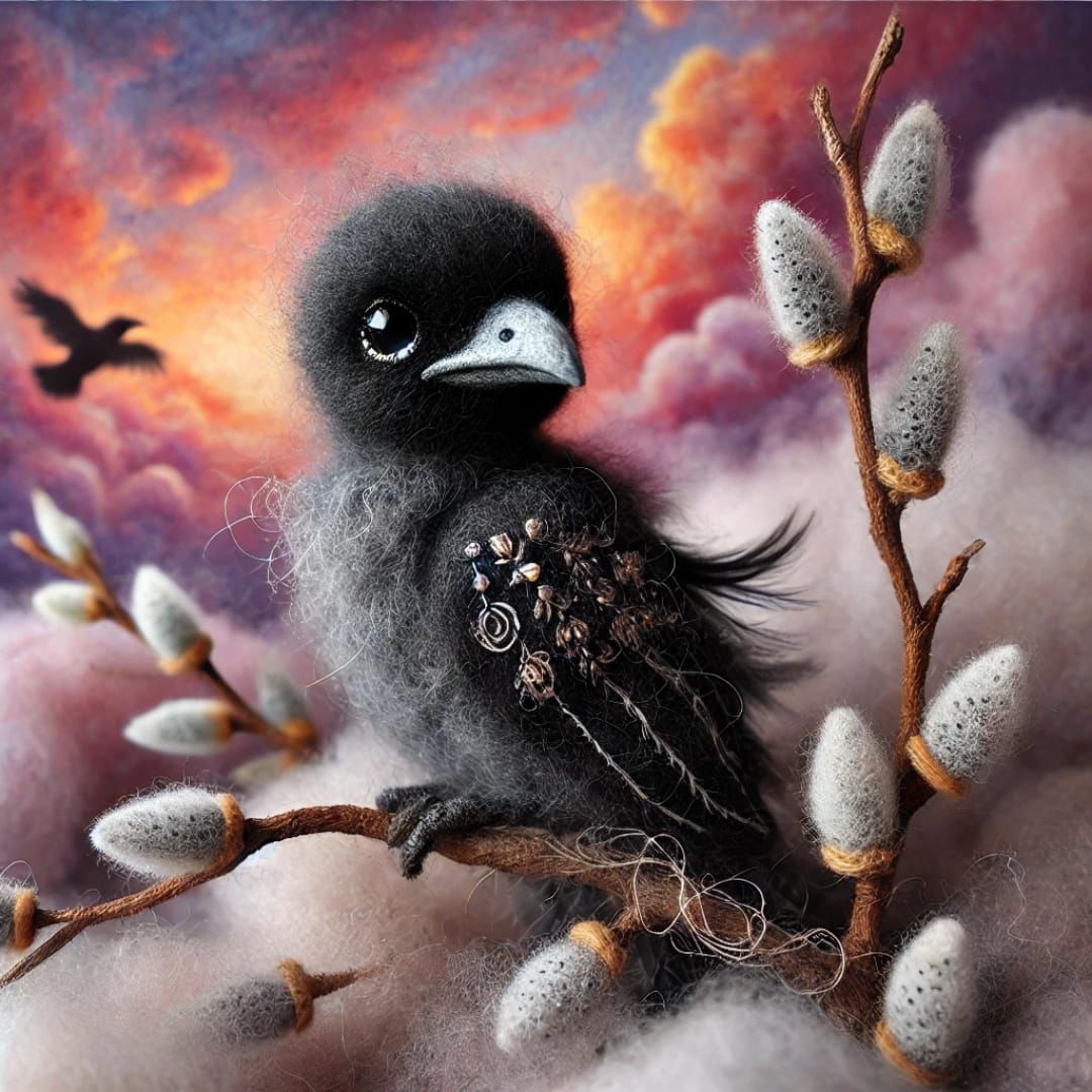 Young raven from wool on a branch with willow catkins