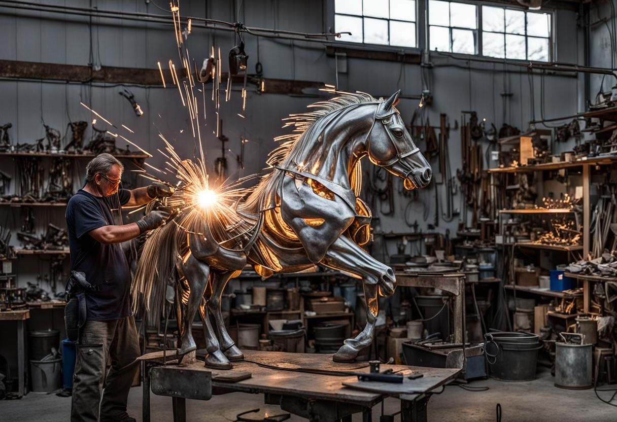 Man welding a horse sculpture out of metal in his shop spark...