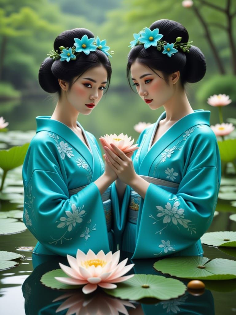 Duo Geisha with Lush Lotus Pond Reflection
"A photorealistic duo of geisha with bold turquoise eyes and matching turquoise kimonos, high res...