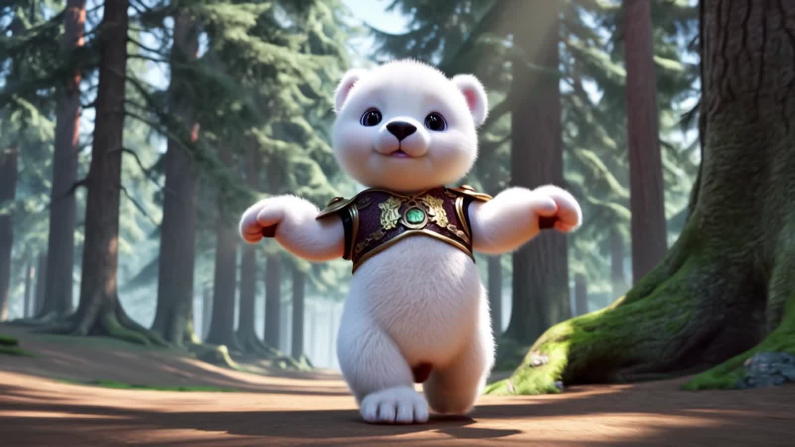 A playful baby polar bear with the strong upper body of a muscular polar bear and the lower body of muscular polar bear,...