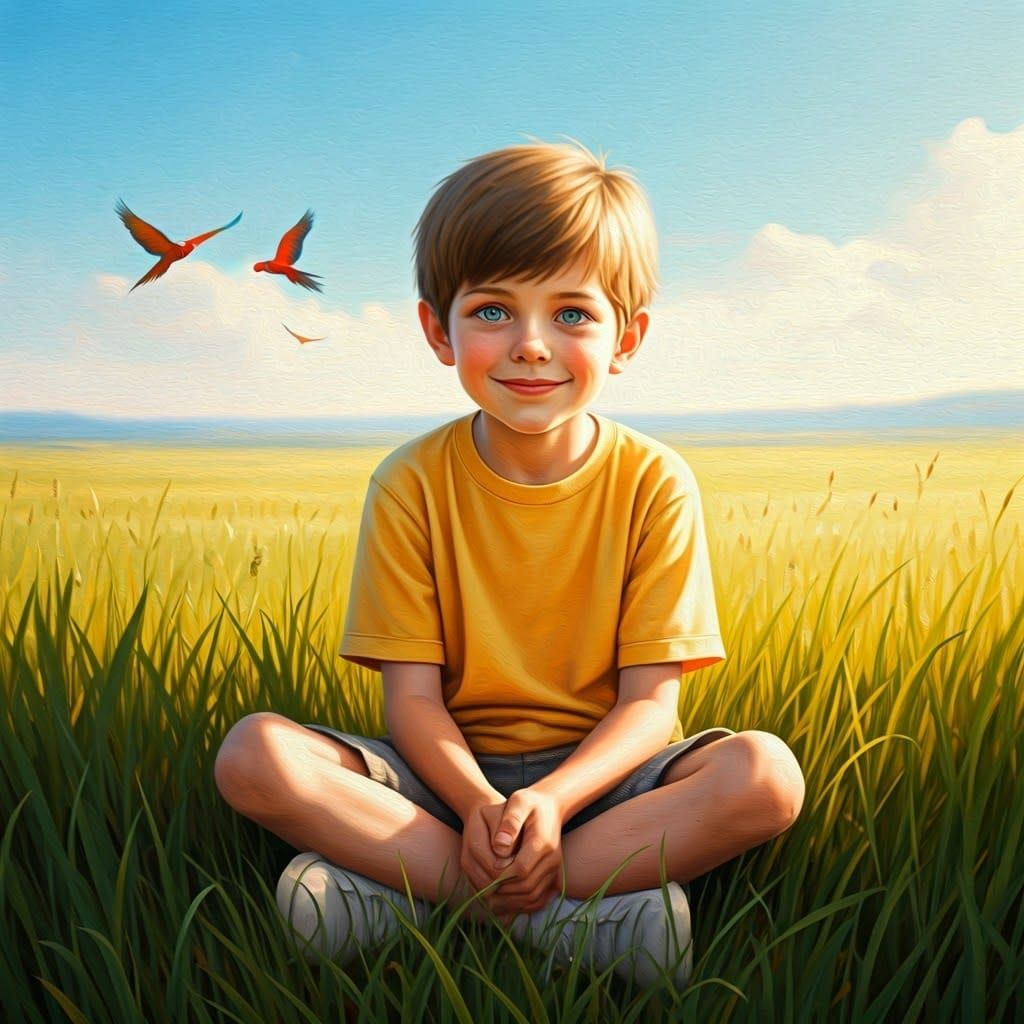 Young Boy Basks in Warm Summer Sunshine with Dreamy Eyes and...