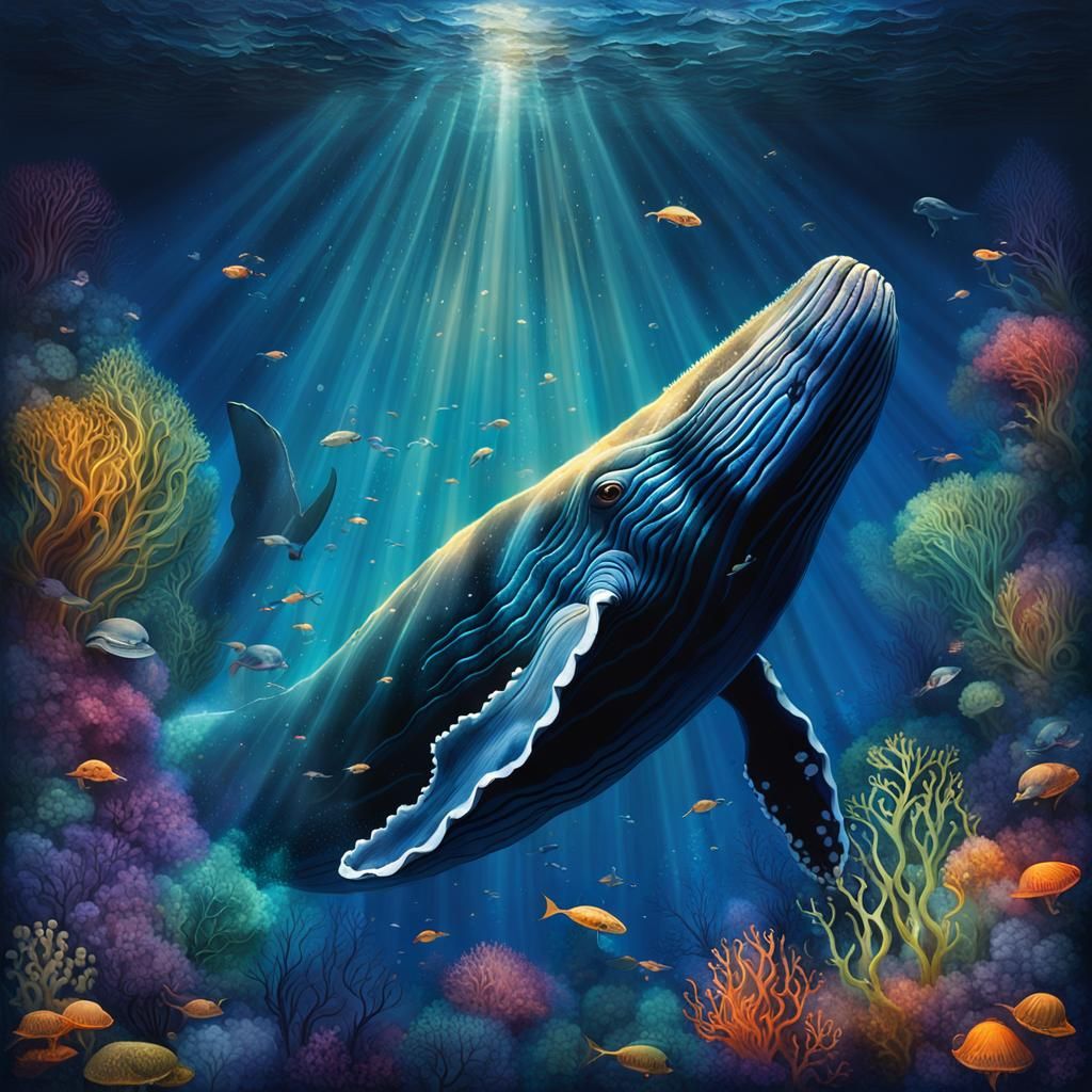A magnificent, vibrant image of a whale plunging into the de...