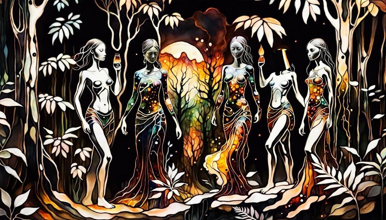 Intricately detailed fine Tiffany style stained glass backlit image of spiritual women in a twilight jungle of souls.