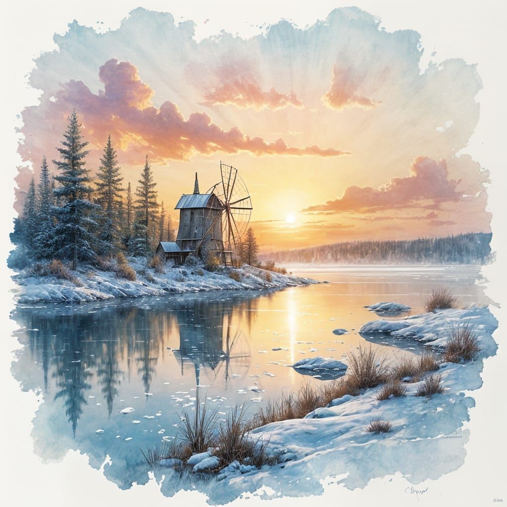 Watercolor Impasto Windmill by Frozen Lake at Dawn