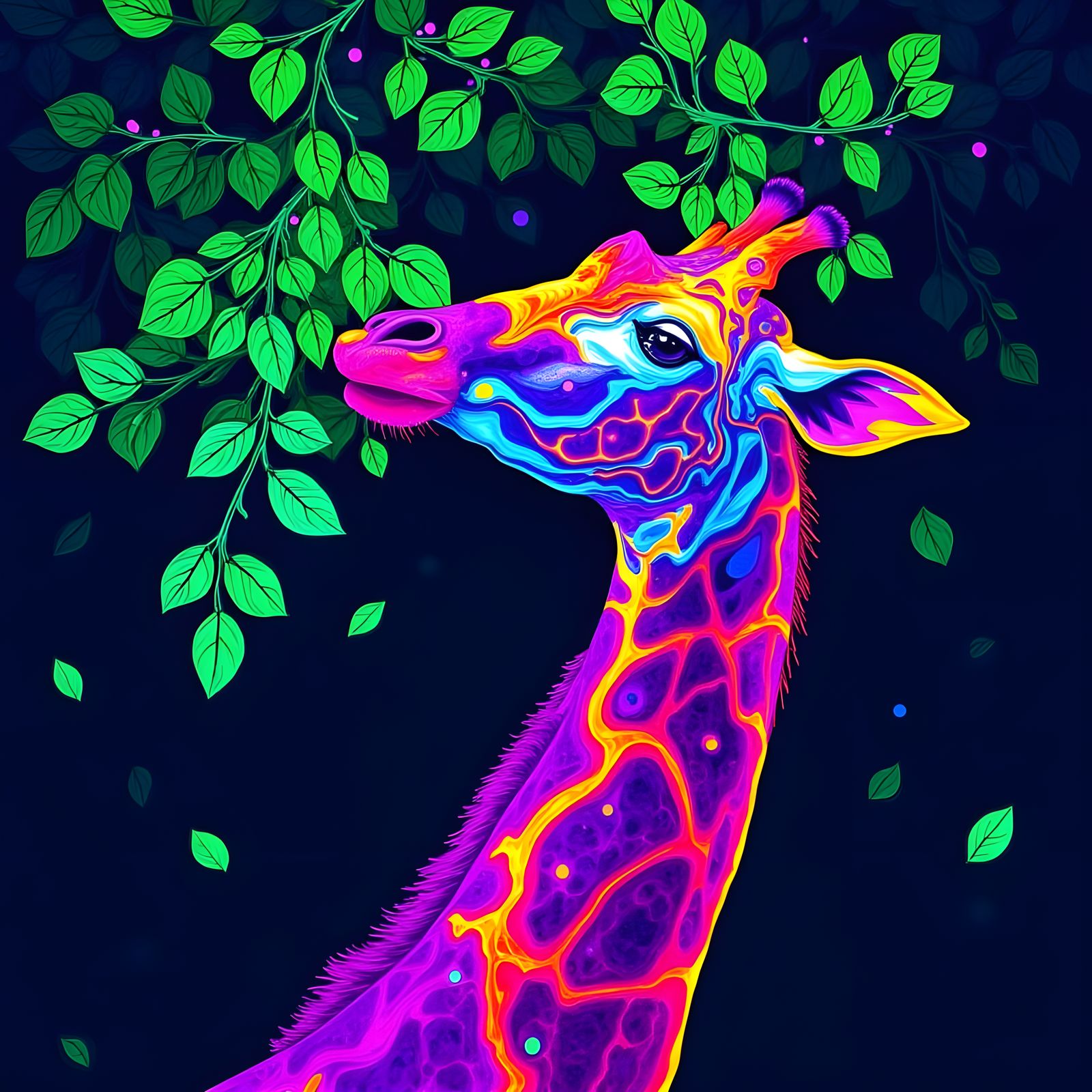  giraffe eating leaves from a tall tree, neon, hyperrealistic, adorable, psychedelic, <lora:Trippy-Unreal:1.0>