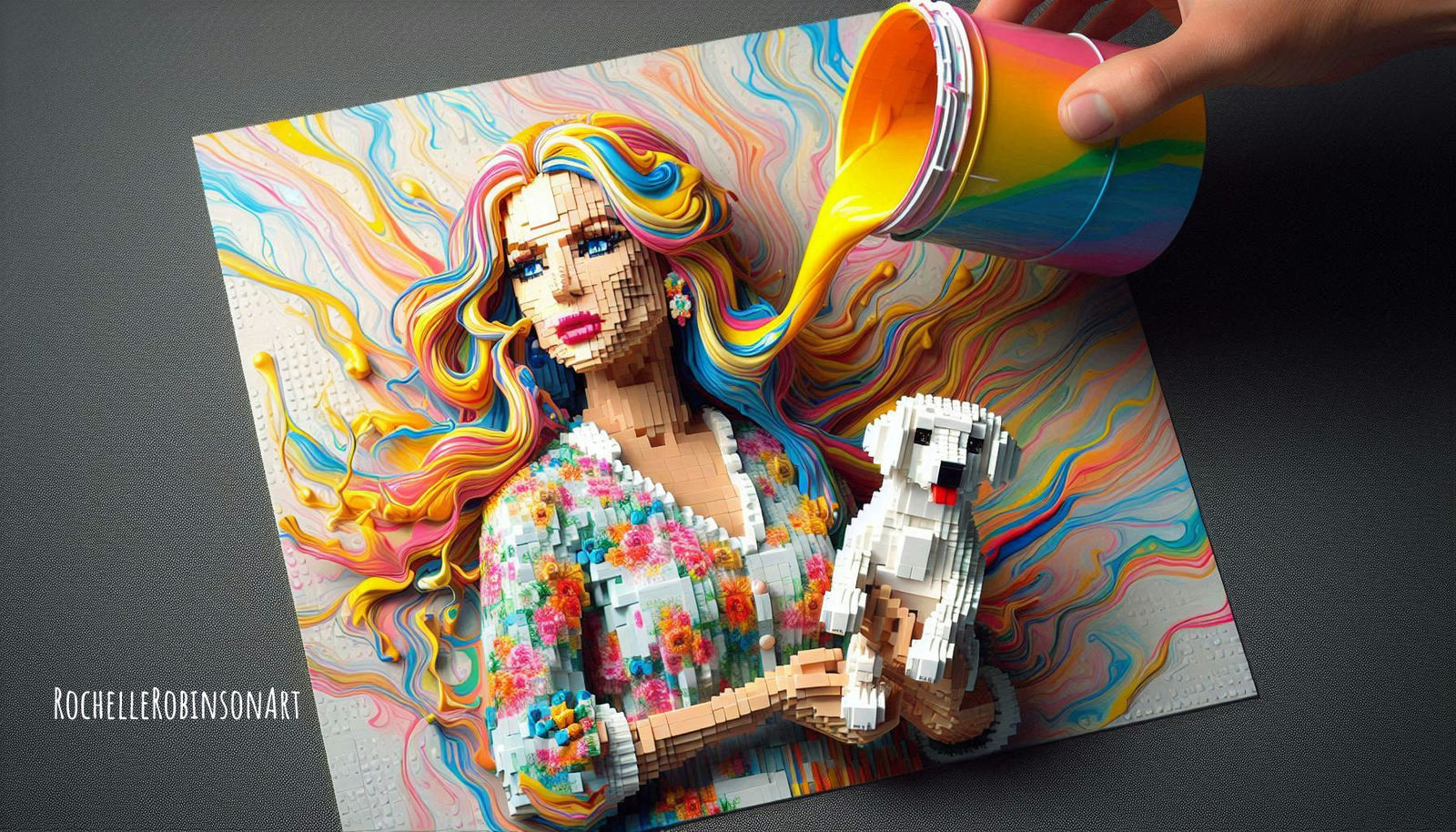 Woman and Her Dog - Paint Pouring/Lego Art