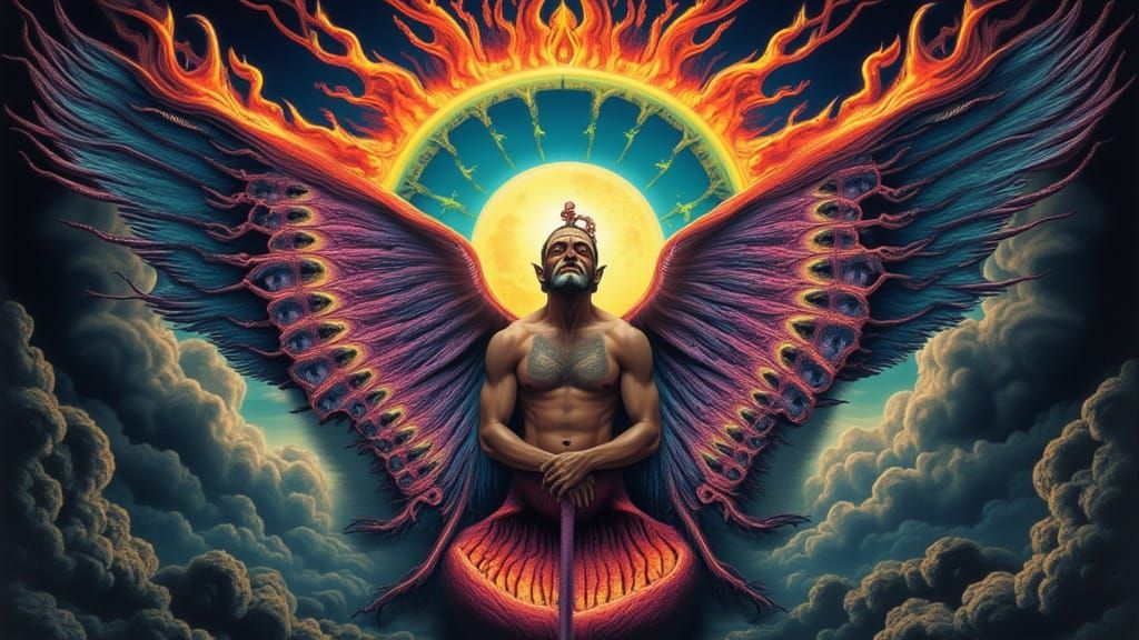 <lora:Insomnia Flux:1.0> vivid Medium shot of a muscular Man <lora:steveface1:1.5>with extra hyperrealistic eyes dressed as a mutation betwe...