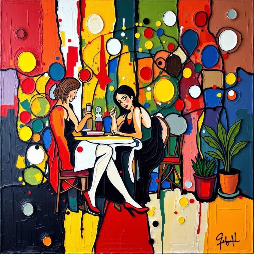 <lora:GazVibrantAbstract:1.0> A young girl sitting in a street cafe in the form of vibrantabstract