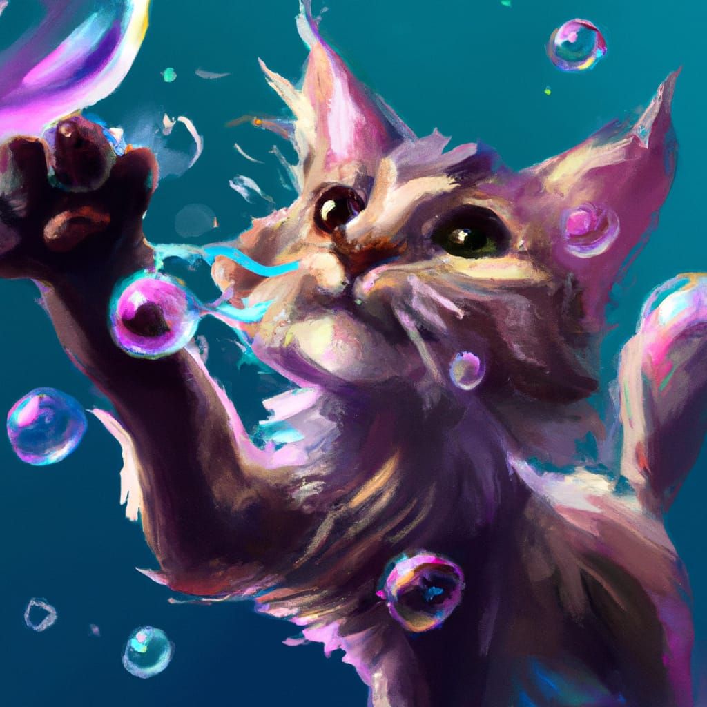 An adorable photorealistic chibi cat playing with bubbles  by @Hintero