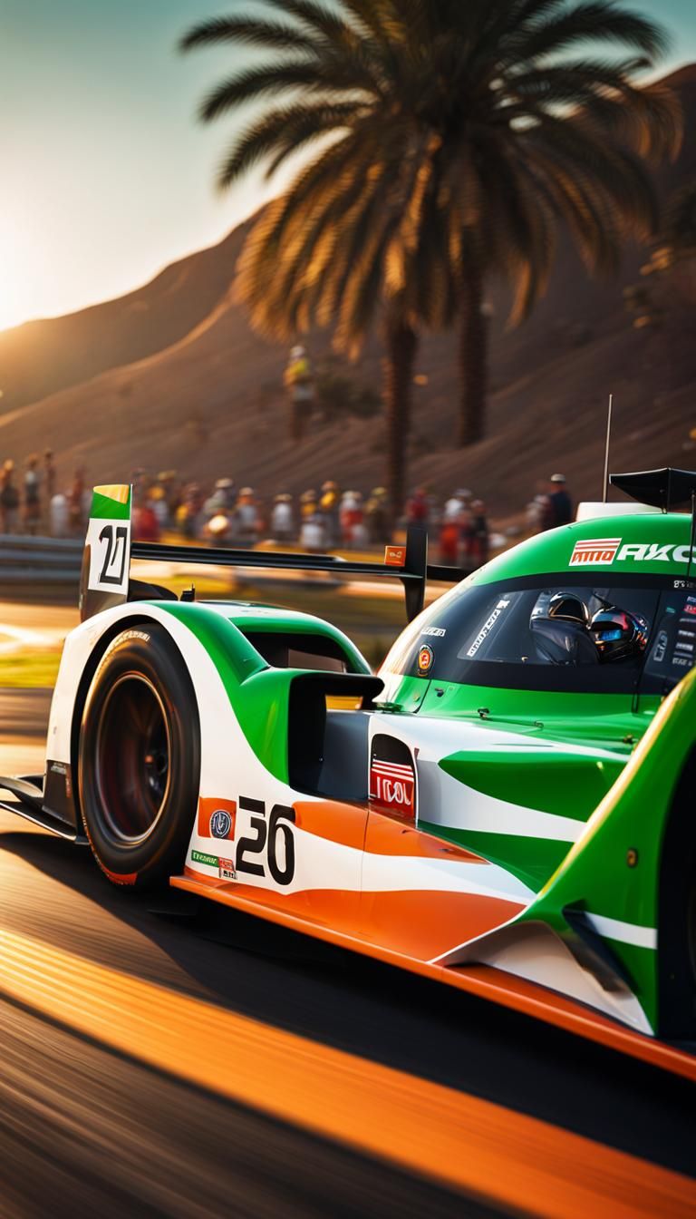 Hyperrealistic photo of a lmp2 car white and green, palm tre...