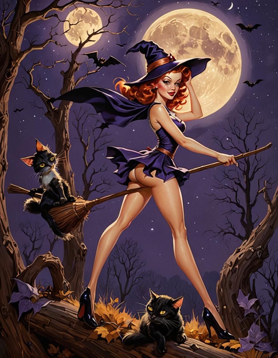 Redhead Witch Pin-Up in Moonlight, Elvgren Style