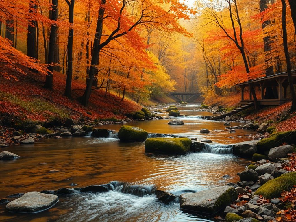 A gently flowing stream cutting through an autumn forest.  by @RJC
