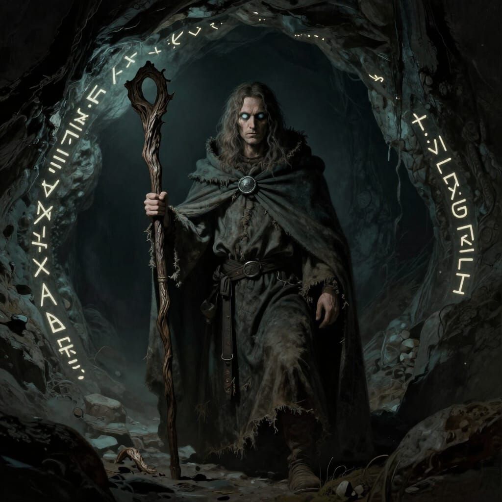 Mysterious One-Eyed Charlatan in Ancient Rune Cave