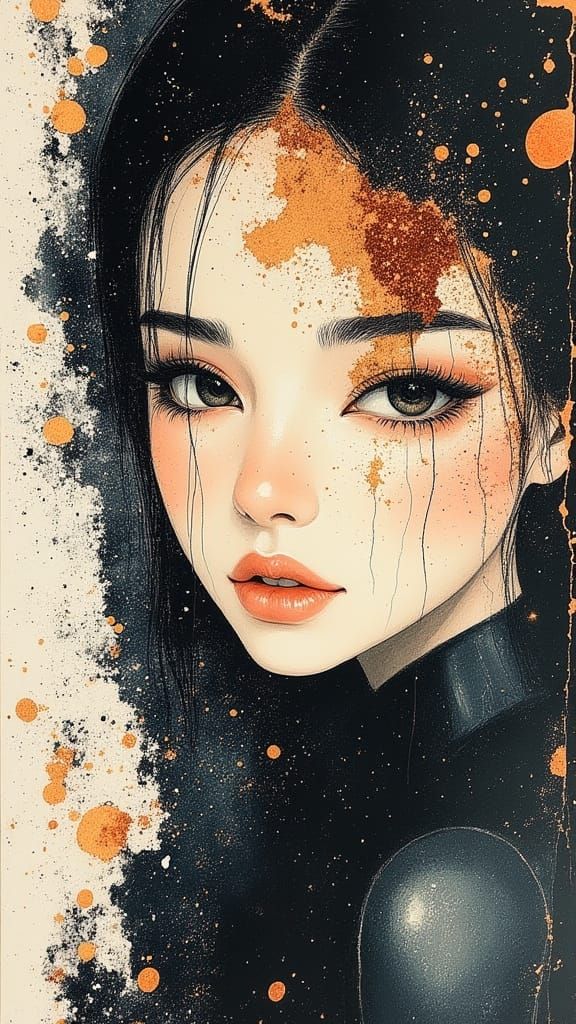 Elegant Asian Supermodel Sketch with Watercolour Accents