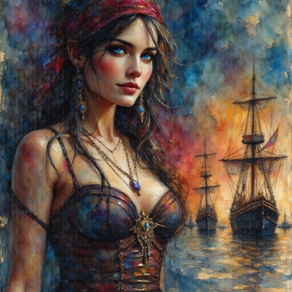 Alcohol ink, color pencil and brushed charcoal sketch, pirate, in the style of Artemisia Gentileschi, Wadim Kashin, intense rich colors, vib...