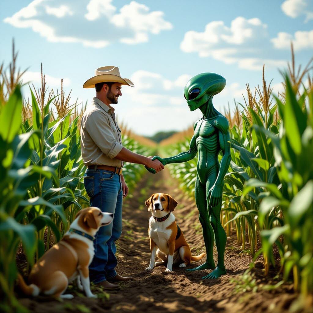 A Texan farmer in a cornfield, standing on a row between the crops, hesitatingly shaking hands with an alien. His hound dog watches on suspi...