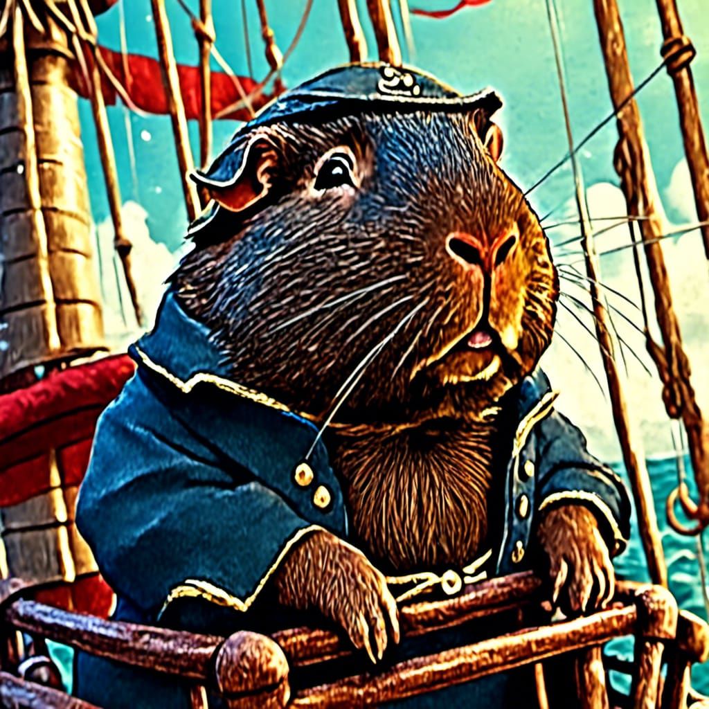 <lora:Hershey:1.0> Pirate guinea pig with pirate hat sailing...