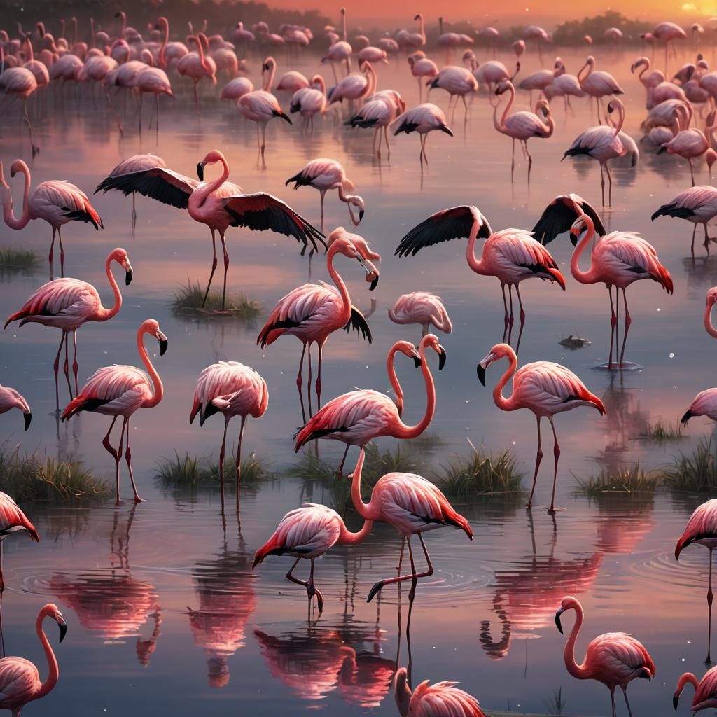 A beautiful  Flamingos are tall, pink wading birds with long...