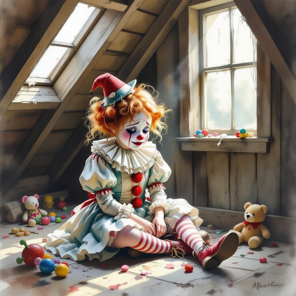 A sad clown girl dressed in Victorian style clown outfit with a single tear rolling down her cheek, sitting on a dusty attic floor surrounde...