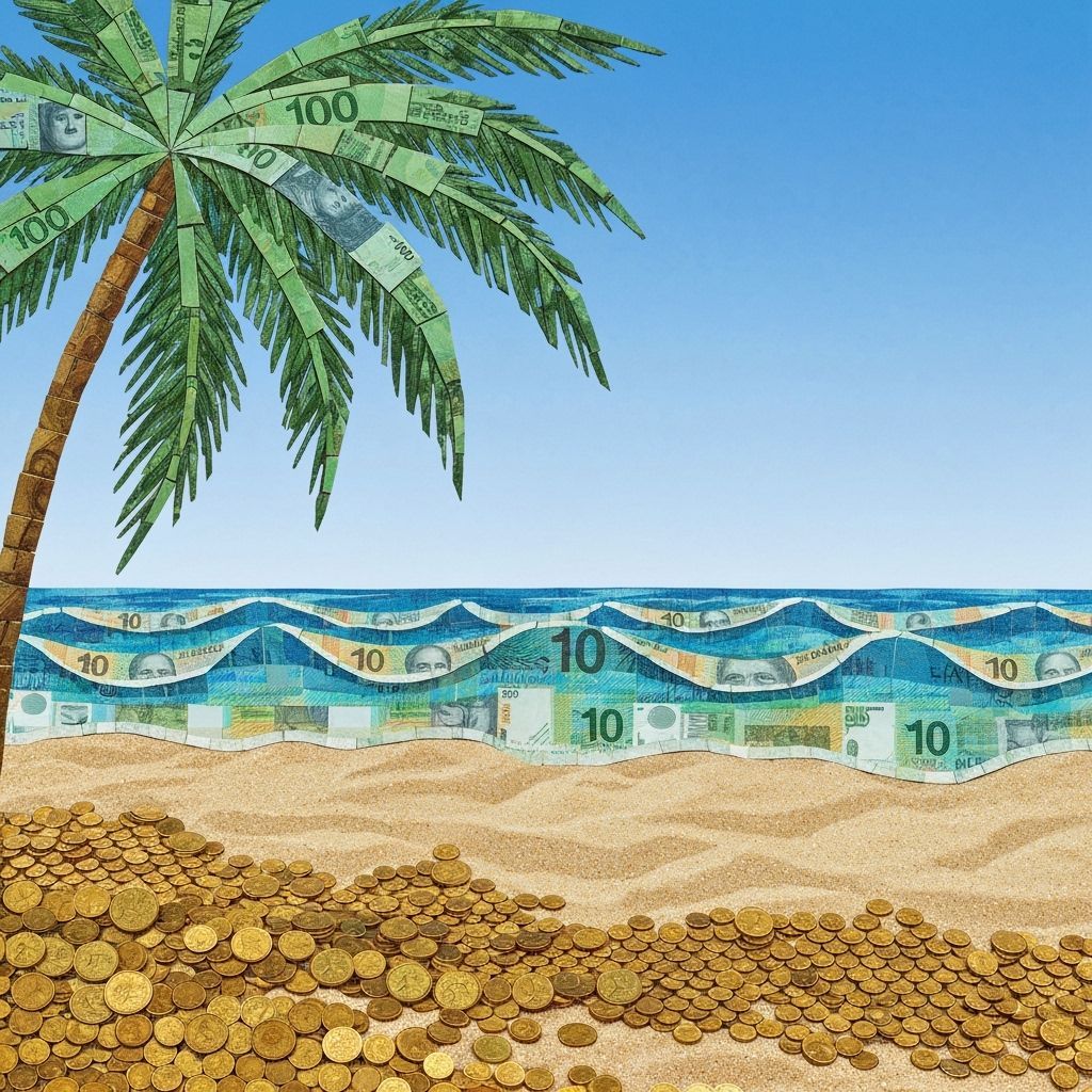 Surreal mosaic beach scene. Sand tiles made entirely of golden coins. Ocean tiles made from Australian $10 notes forming waves. Palm tree le...
