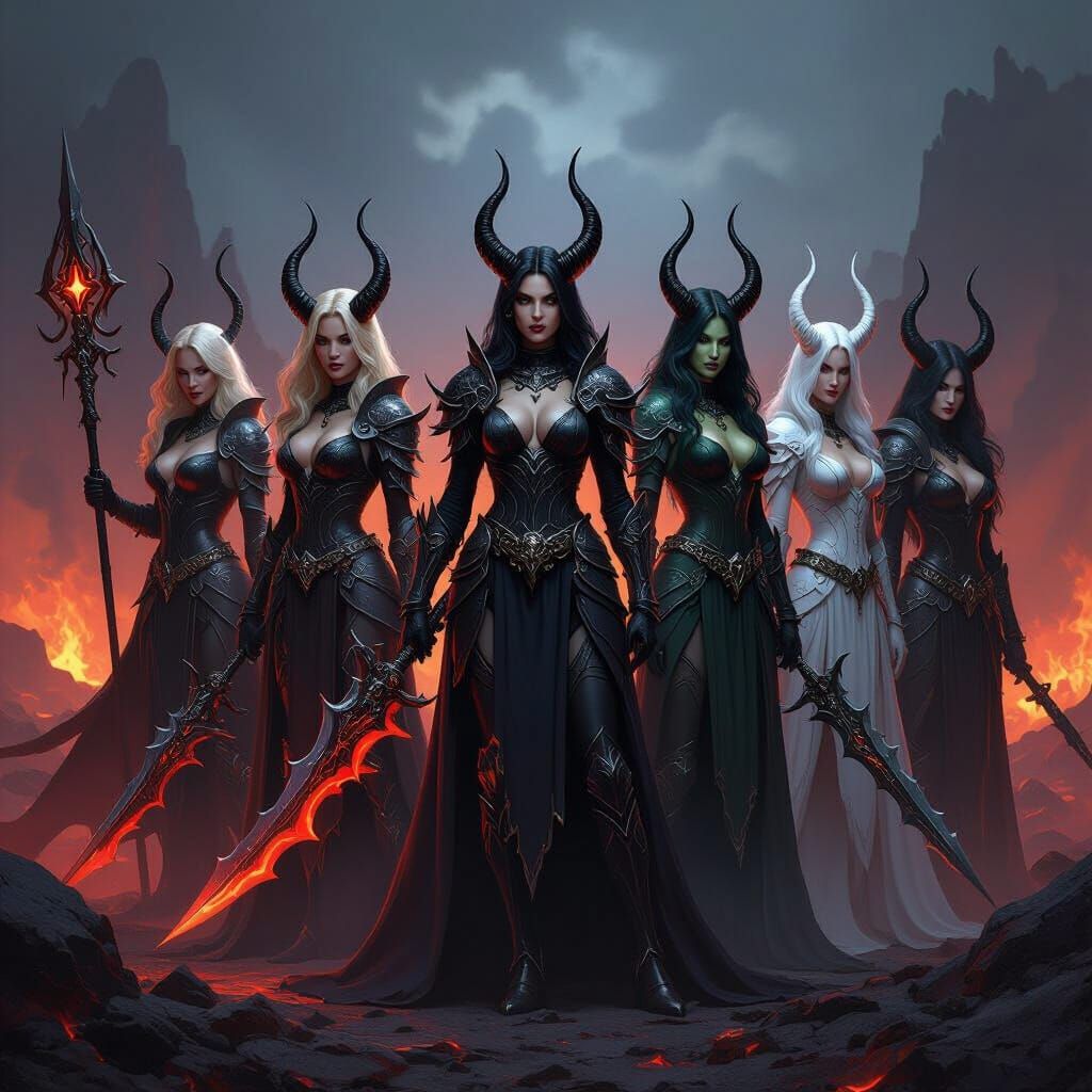 Make 8 demon queens ready to fight for their king each queens holds some different wepon and they look angry and they all have horns and eac...