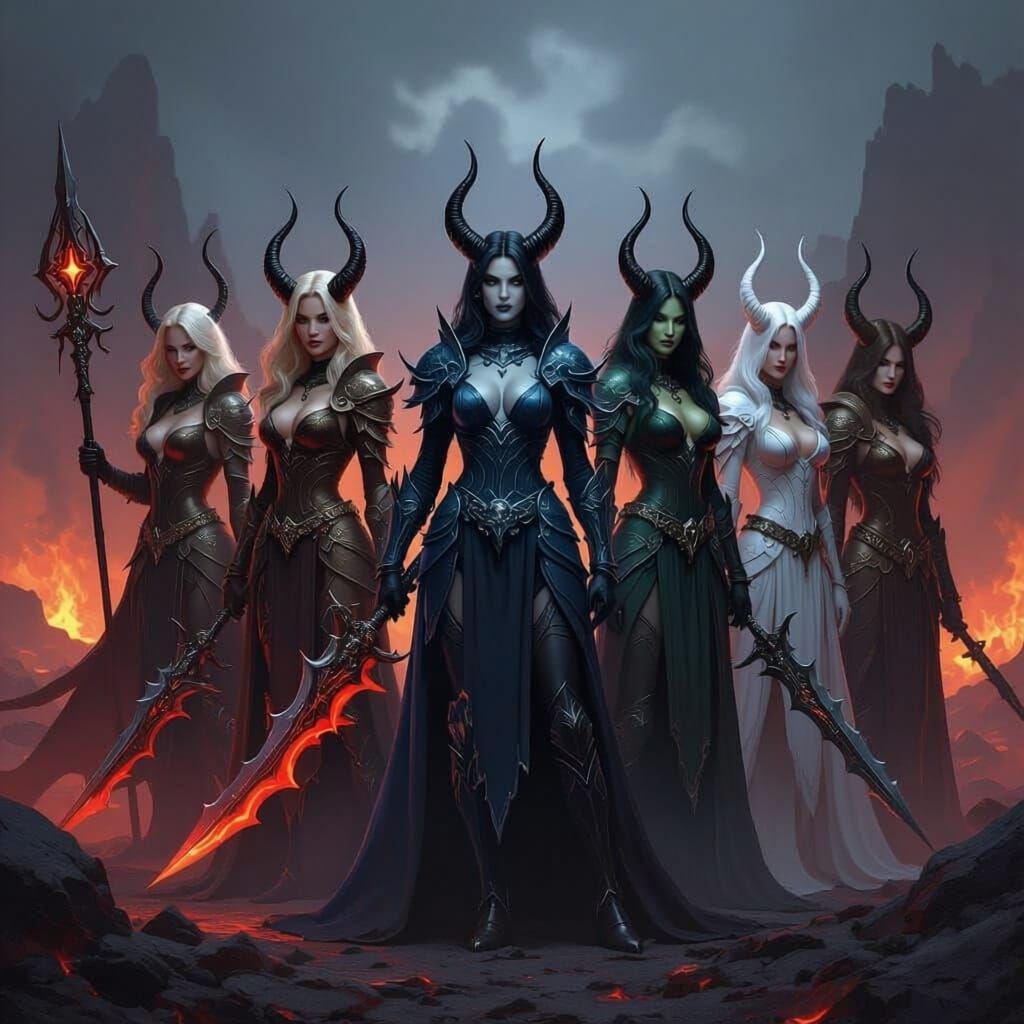 Make 8 demon queens ready to fight for their king each queens holds some different wepon and they look angry and they all have horns and eac...