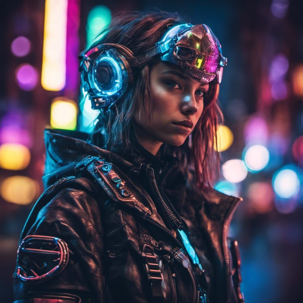 Portrait of a cyberpunk rockerboy girl wearing futuristic face armor in ...