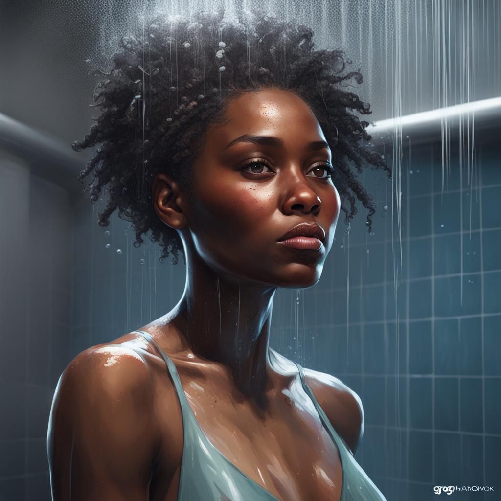 Black Girl in Shower: Hyperdetailed Portrait