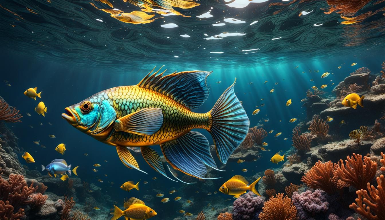 Extremely detailed elaborate  fish swimming up to the oceans...