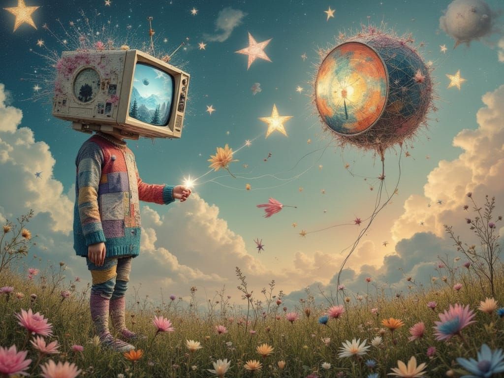 <lora:Luxaria:1.0> A whimsical dreamscape where a television-headed child floats weightlessly among pastel clouds and glowing, oversized sta...