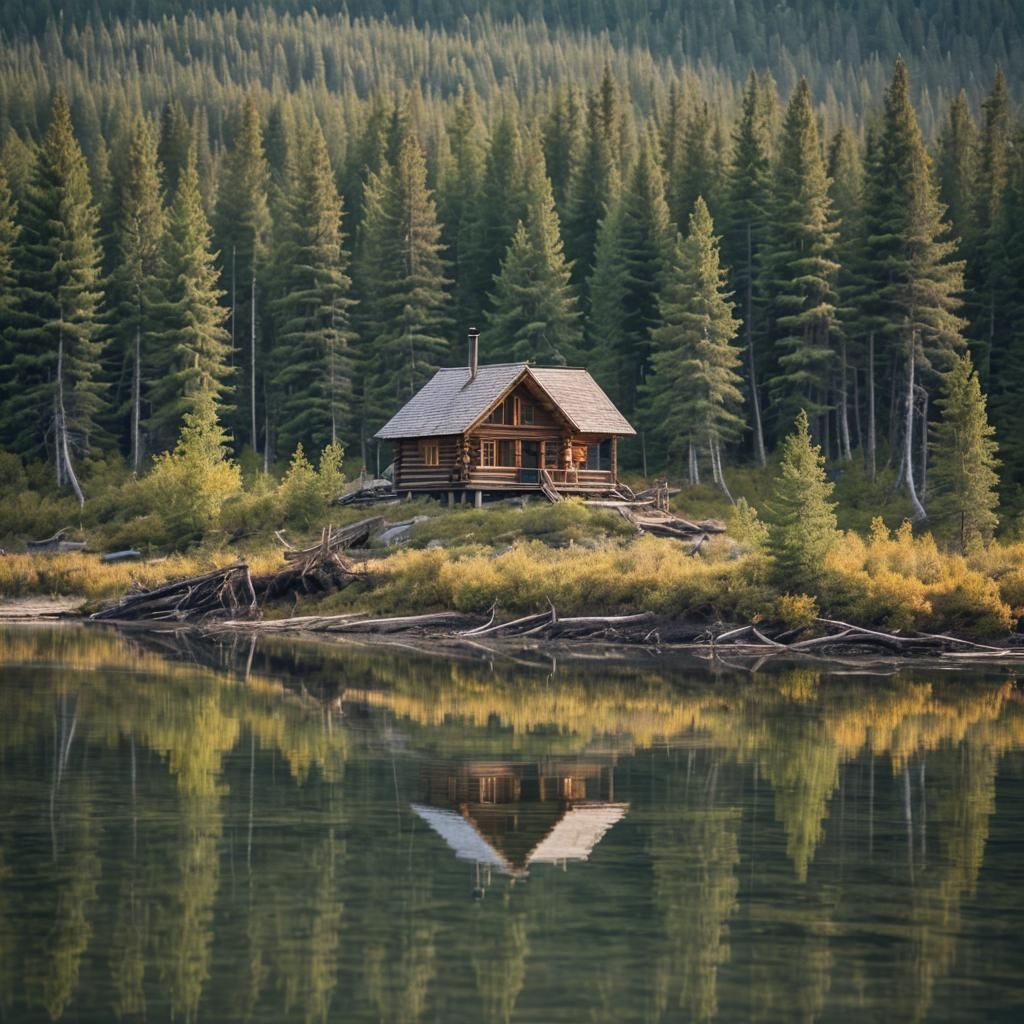 Lonely log cabin on a lake surrounded by forest with a moose foraging in the shallows of the lake
