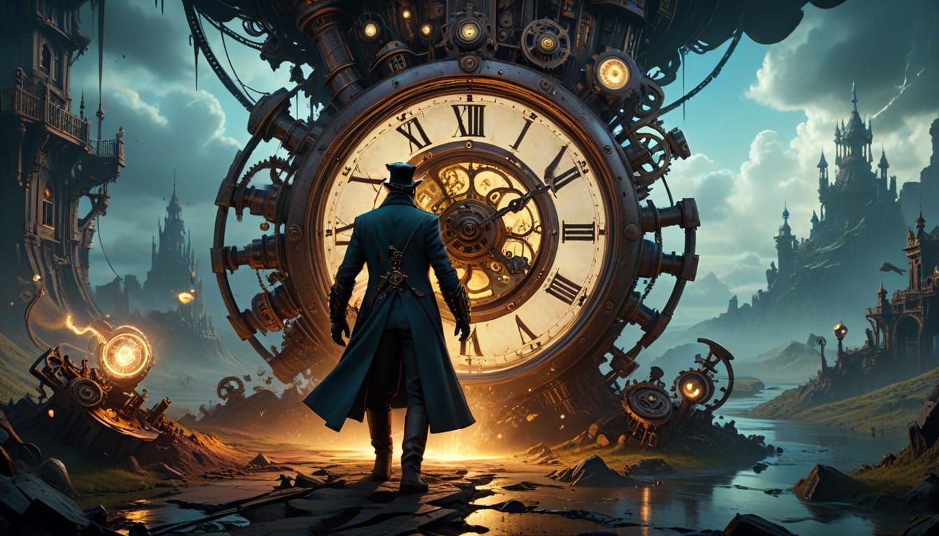 A supervillain known as "The Time Twister" stands in a swirling vortex of temporal energy, clad in a Victorian-era suit adorned with clockwo...
