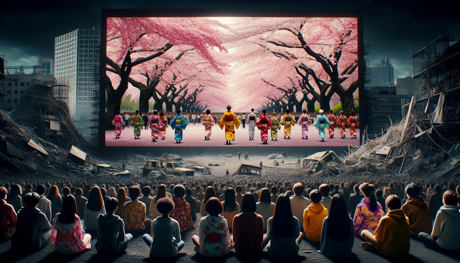 In a dark, dystopian world destroyed by humanity, a group of young people project a vibrant scene of a cherry blossom festival in a busy par...
