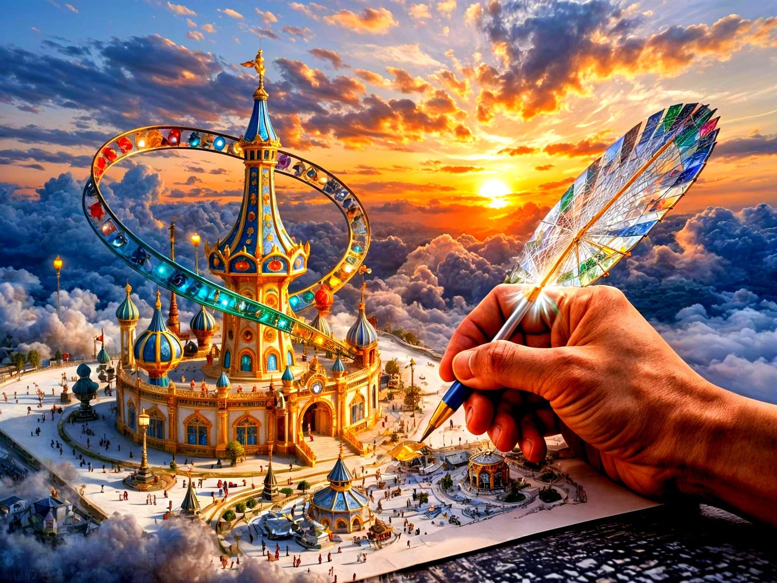 Hand Drawing Miniature Amusement Park with Magical Light