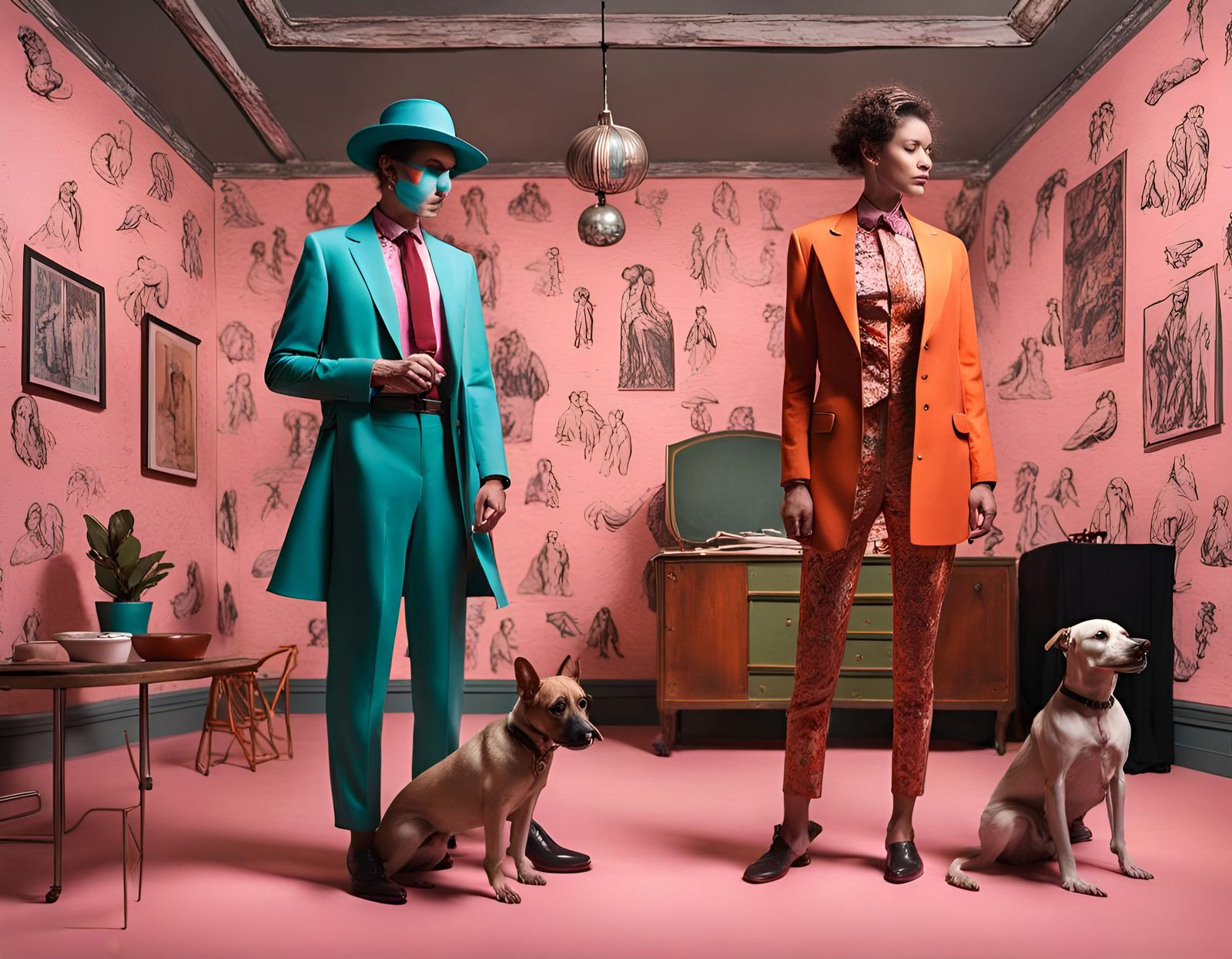 House trained couple and their dogs AI Generated Artwork