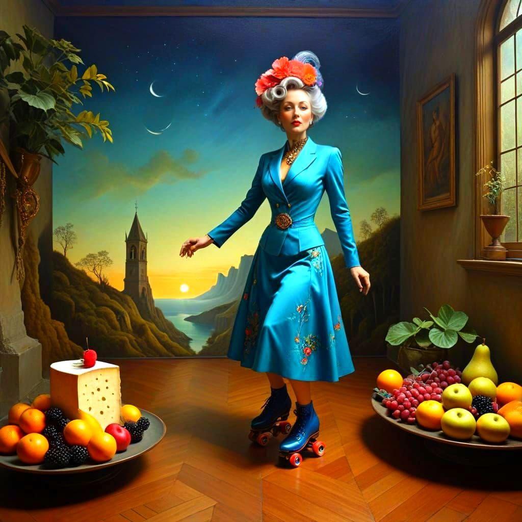 Joyful Woman Roller Skating in Surreal Hyperrealistic Scene