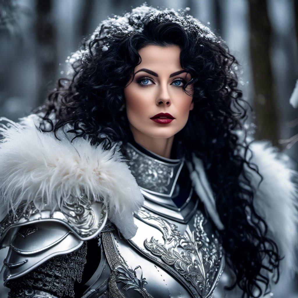 three-quarter headshot, beautiful white winter woman knight with big curly black hair, closed mouth sinister grin, blue eyes, raised eyebrow...