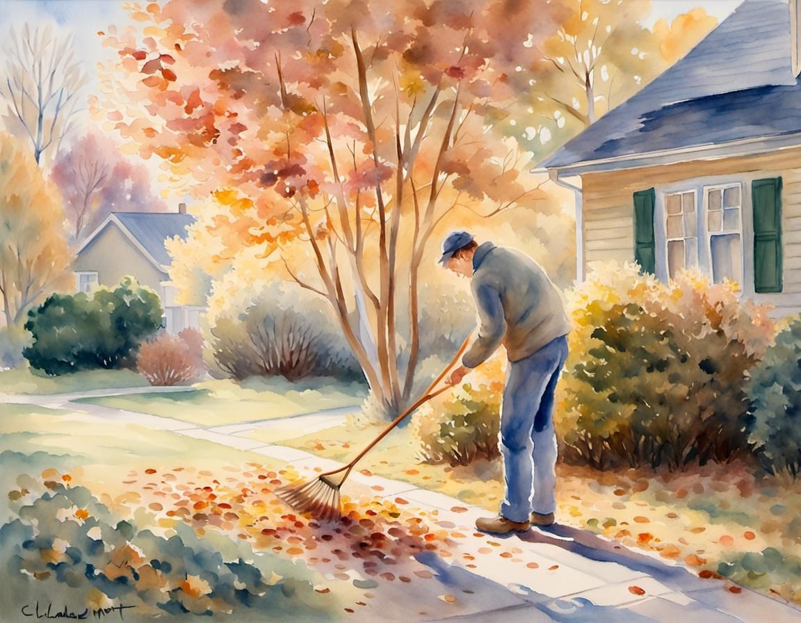 A watercolor painting of a man raking autumn leaved in the f...