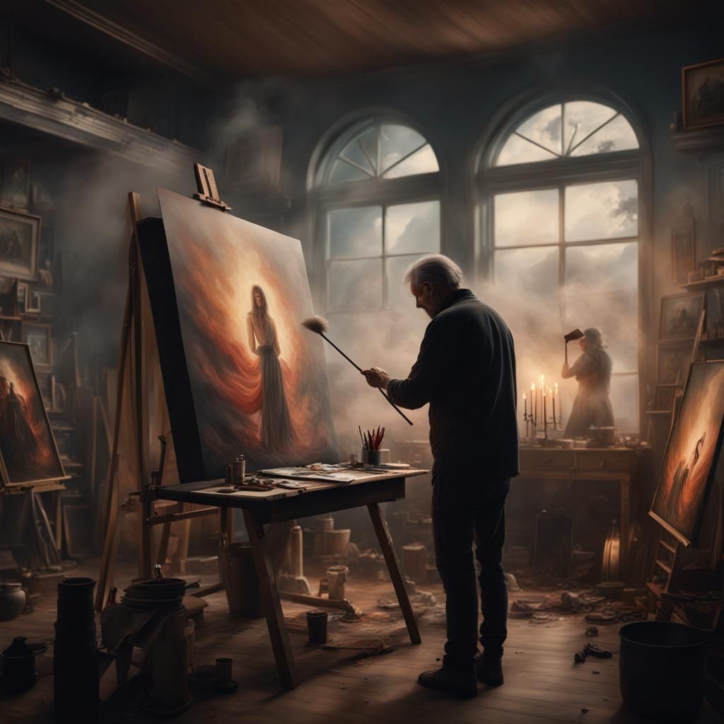 Artist painting a portrait of his deceased wife inside his art studio that is slowly turning into smoke ...  by @Kinistino