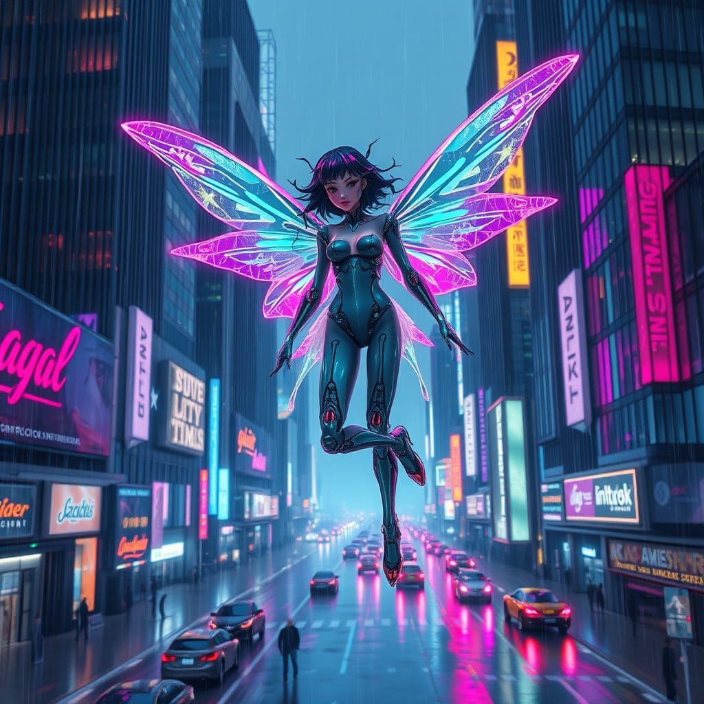 Fairy‑cyborg hybrid - Cyberpunk Fairy Hybrid Soars Above Ne...